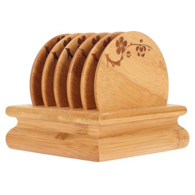 Vintage švestková sada podtácků Domácí podložky pod nápoje, čajové šálky, Protiskluzové, Tepelně izolační, Bambusové podložky pod šálky s držákem, Běžný bambus
