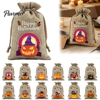 Trick or Treat Party Souvenirs 2Pcs Halloween Pumpkin Drawstring Bags for Candy Treats, Retro Burlap Rustic Linen Goodie Bags, Portable Kids