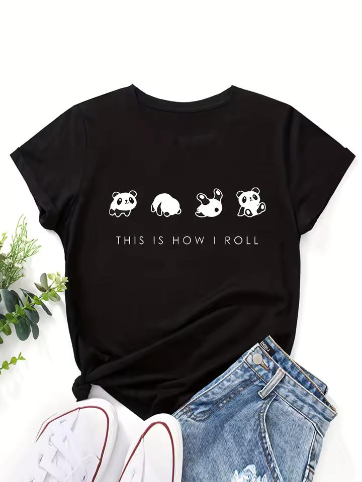 2026 Cute Lady Top This Is How I Roll Panda Women's Tee - Cute Rolling Panda Graphic, Casual Top Cutecore Clothing 2026 Trend