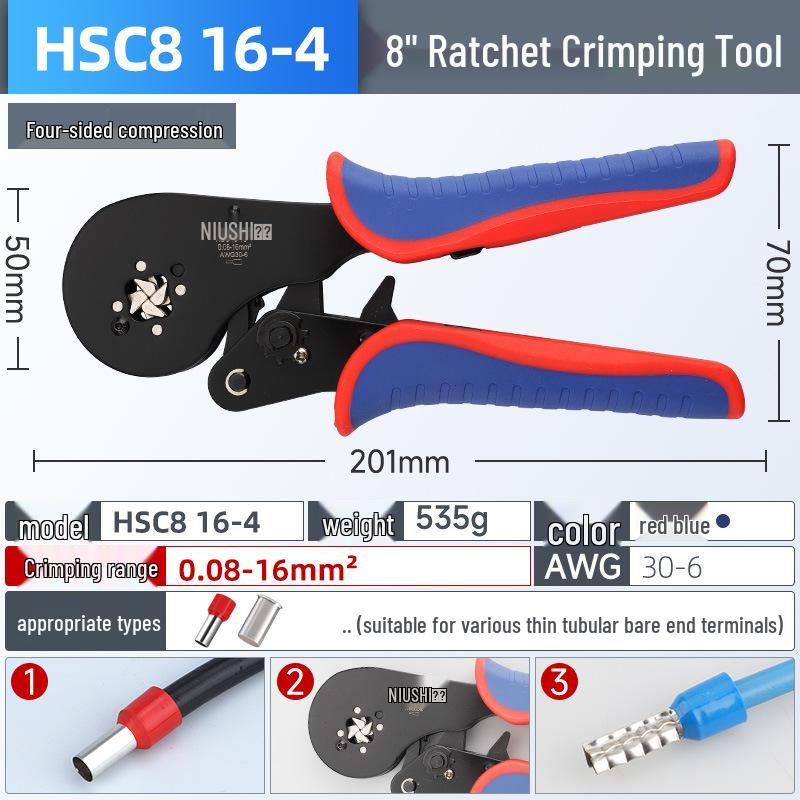 Electrician's Quad-Sided Crimping Pliers for Cold Press Copper and Wire Lugs, Terminals.