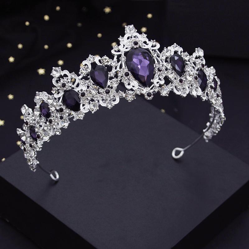 Purple Crystal Wedding Crown for Queen Bridal Headdress Fashion Tiaras Hairwear Girls Prom Head Ornaments Jewelry