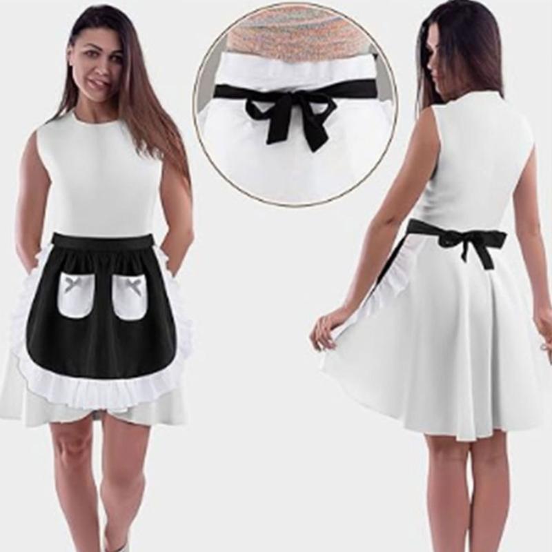 Women Maid Apron Ruffled Waist Apron Halloween Maid Costume Accessories Kitchen Apron with 2 Pocket for Baking Gardening