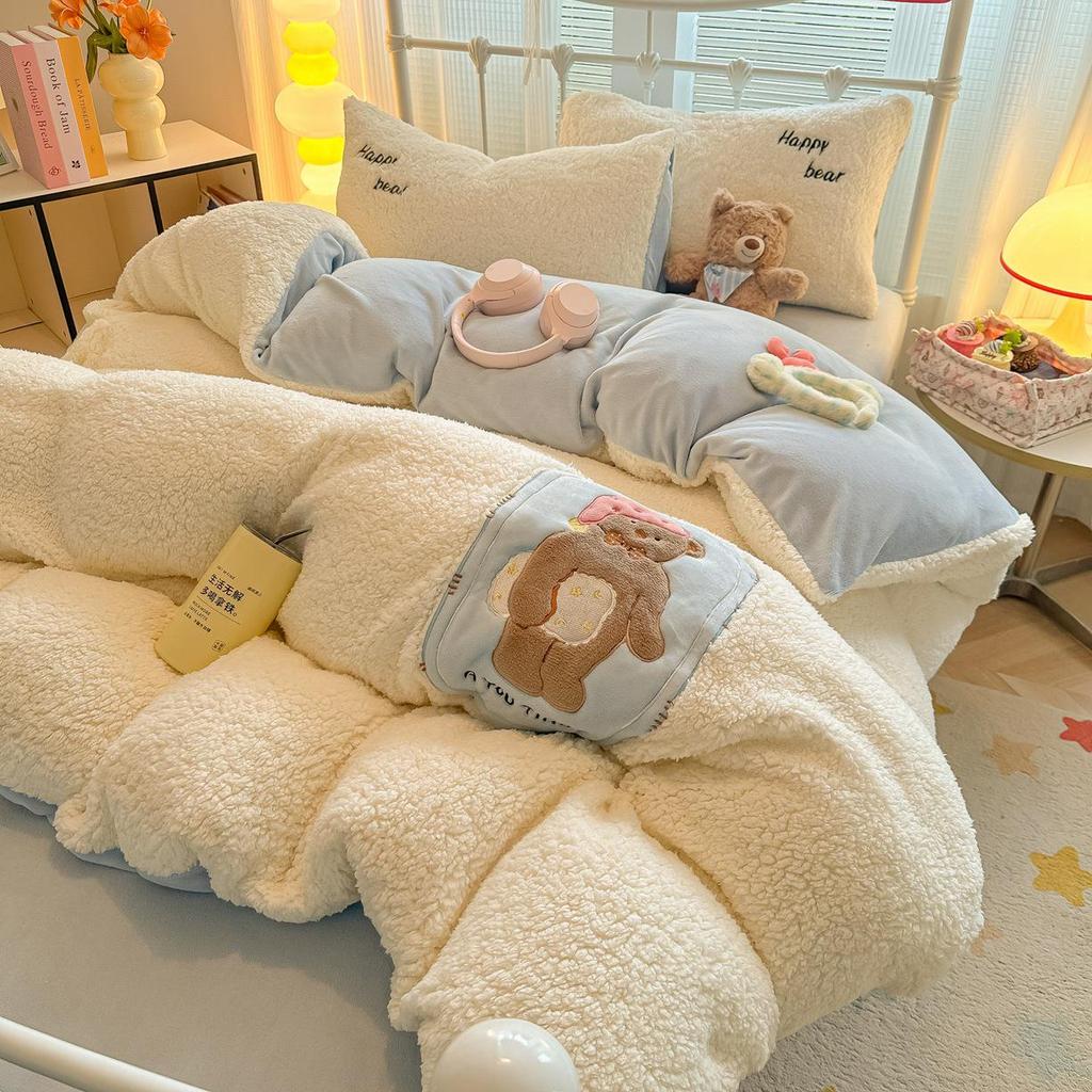 Cartoon Chenille Embroidered Lambswool Fleece Bedding Set - Duvet Cover & Bed Sheet