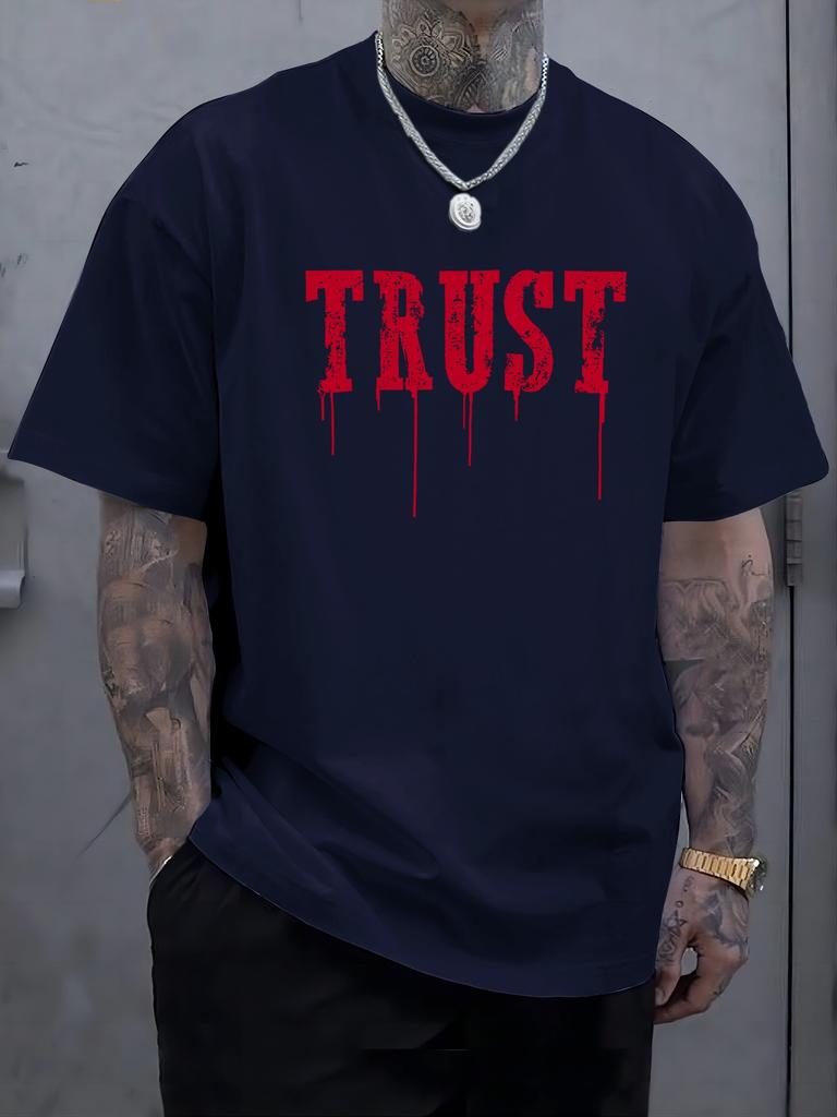 Men's Black "TRUST" Graphic T-Shirt - Casual Sporty Style, Short Sleeve Crew Neck, Distressed Red Print, Lightweight  Blend