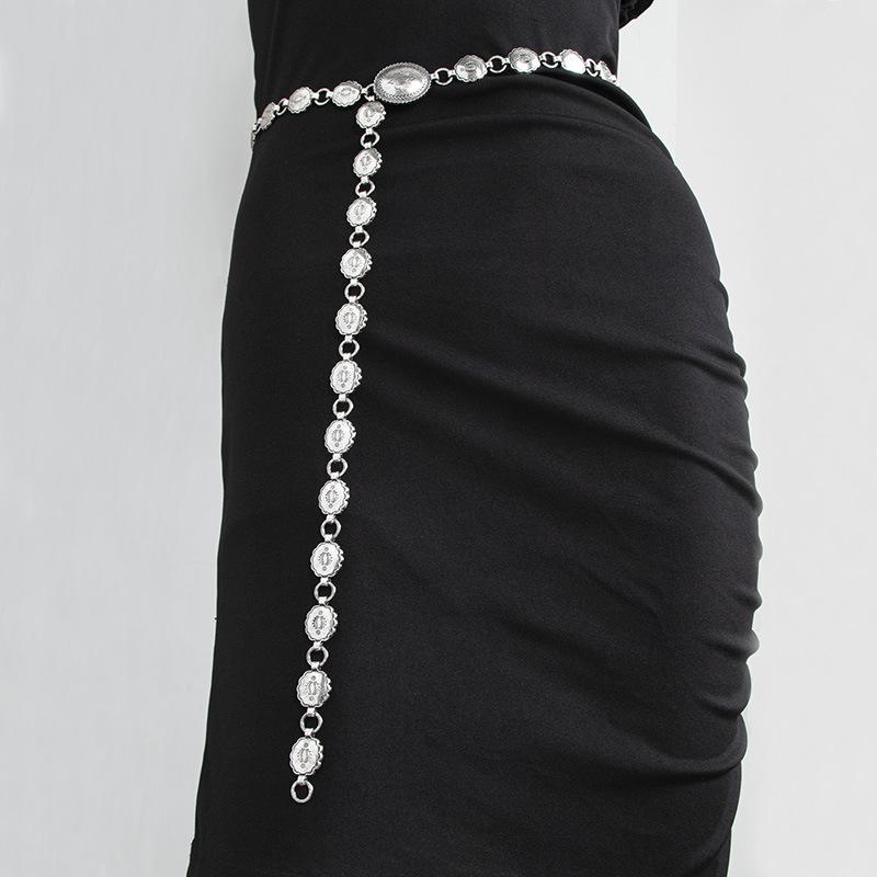New European and American InS-style Carved Alloy Waist Chain with Black and White Western Buckles, Elegant Women's Belt