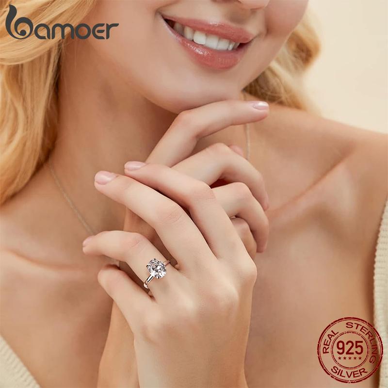 BAMOER 3.5CT CZ Oval Cut Ring 925 Silver 4 Prongs Halo Engagement Band Ring for Women Wedding Promise Jewelry Gift