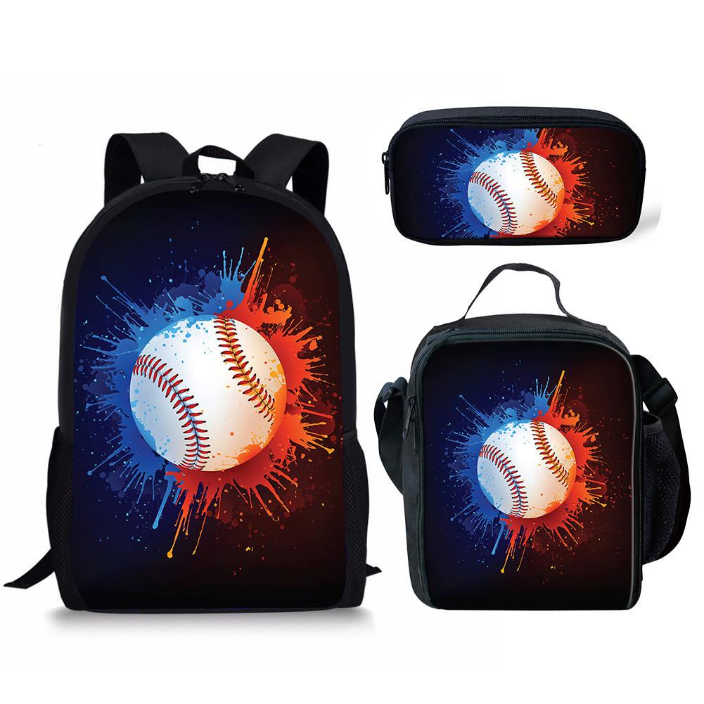 Backpack Basketball Water Fire Baseball Pattern School Bag Backpack Meal Bag Pencil Bag Three-Piece Set