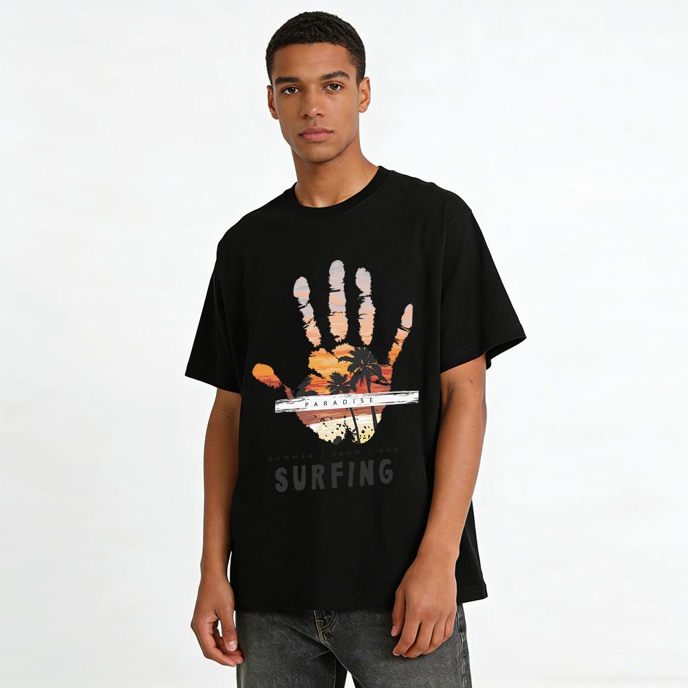 Summer Beach Palm Print Surfing Casual Short Sleeve T-Shirt Pure Cotton T-shirt