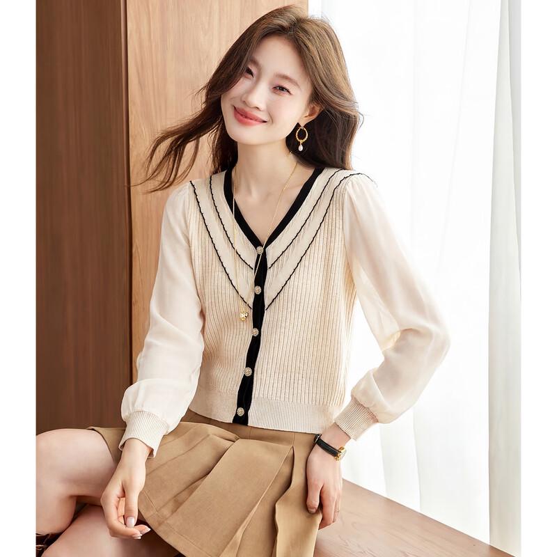 Sanpowa Women s V-Neck Puff Sleeve Knit Top M