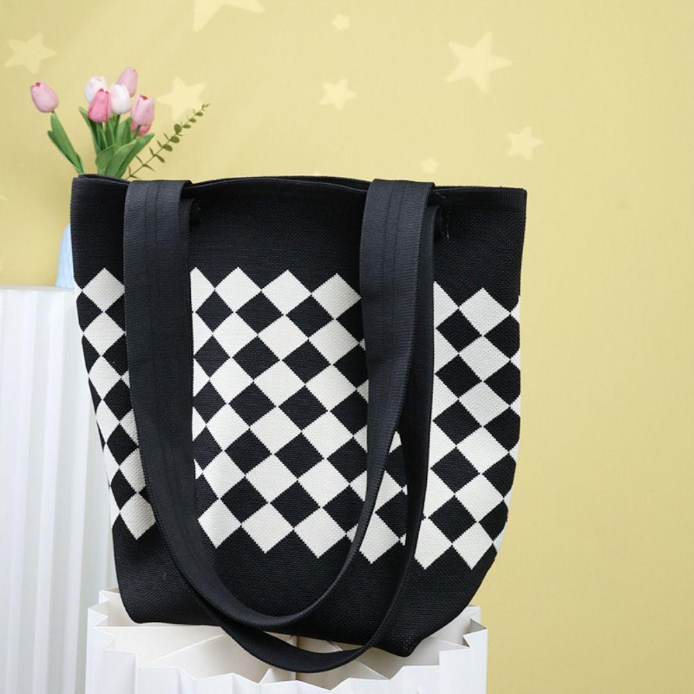 Rhombus Knitted Knitted Shoulder Bag Comfortable Handle Plaid Women's Handbag Portable Large Capacity Crochet Tote Bag Outing