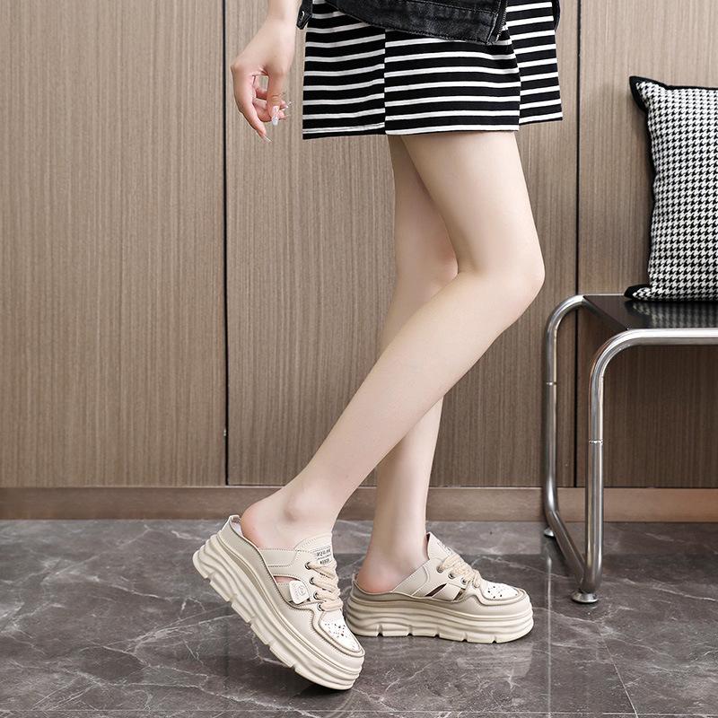 W New Breathable Summer Hollow Thick Sole Inner Height Increase Woven Surface Casual Shoes Sandals