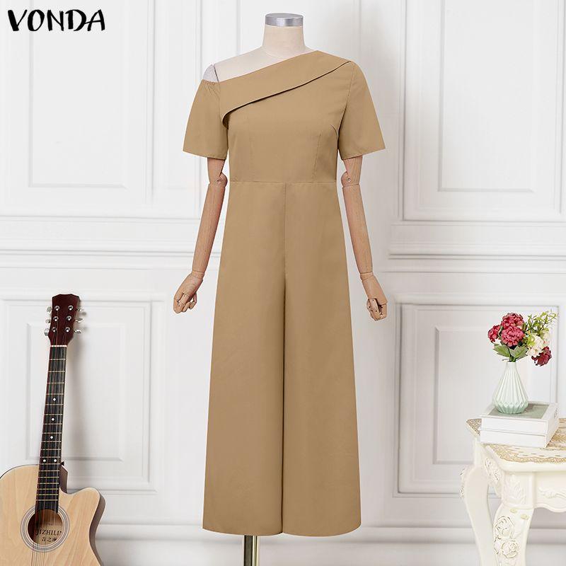 VONDA Elegant Women One Shoulder Short Sleeve Casual Long Wide Leg Jumpsuit Rompers M хаки