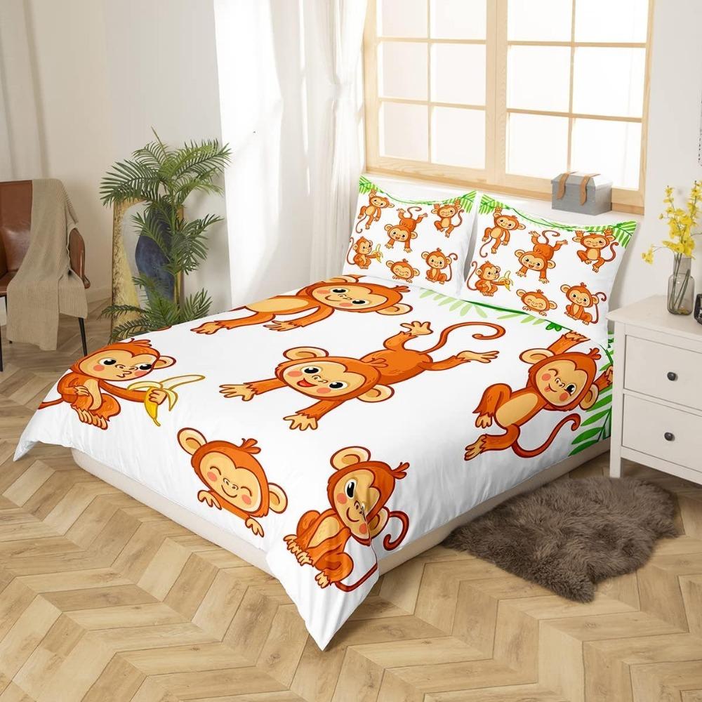 Uroczy Zestaw Prześcieradeł z Małpkami, Kreskówkowy Małpka Banan Dekoracyjne Prześcieradło, Dziecięcy Zestaw Pościeli dla Dorosłych z Mikrofibry z Zamkiem Błyskawicznym