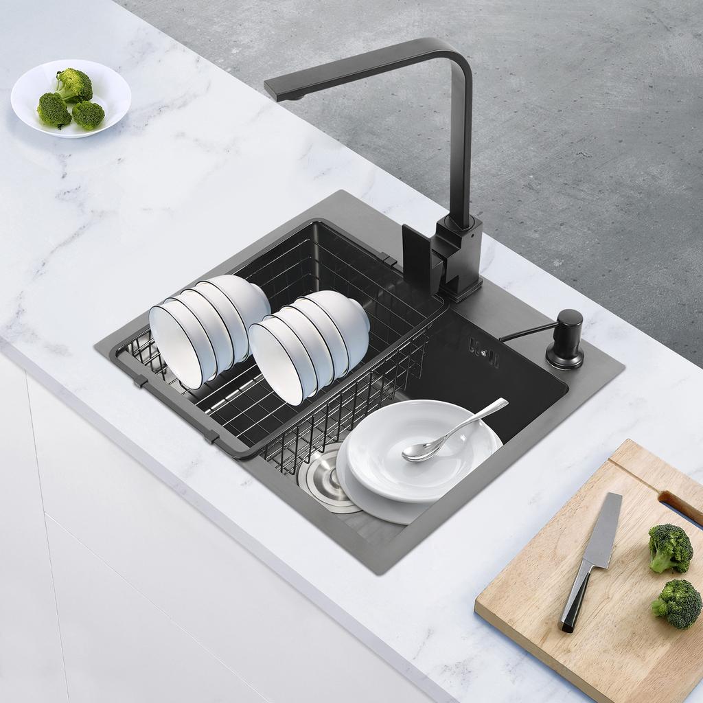 16x12 Inch Stainless Steel Kitchen Sink – 201 Stainless Steel with Nano Coating – Complete Set with Faucet, Soap Dispenser & Drain Basket – Black/Grey