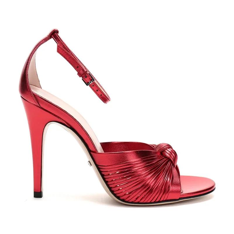 Fashion 2025 New Front Rear Strap Slingback Stiletto Heel Sandals Gold Knot Open Toe Sandals Women Novelty Sandal Solid Color Fashion