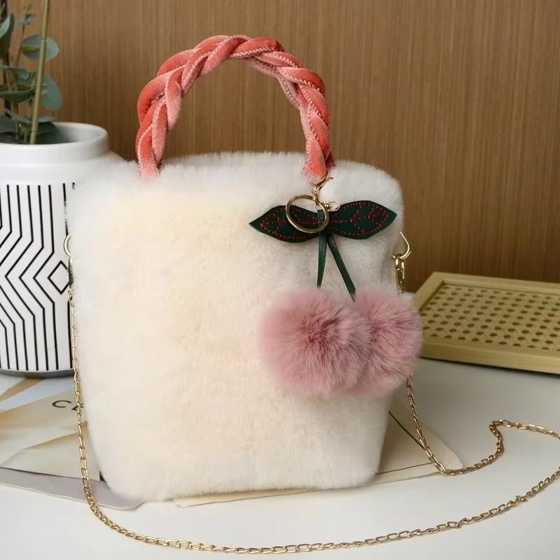 Women s Plush Shoulder Bag Cute Mini Fluffy Crossbody Bag with Cherry Pendant and Pompom Fashion Casual Daily Small Handbag белый 1090₽