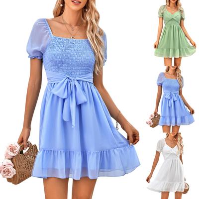 Women'S Spring And Summer V-Neck Fashion Solid Color Waist Short-Sleeved Dress