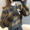 European Station autumn and winter new versatile lazy crew neck knitted sweater retro style long sleeve striped contrasting color pullover sweater