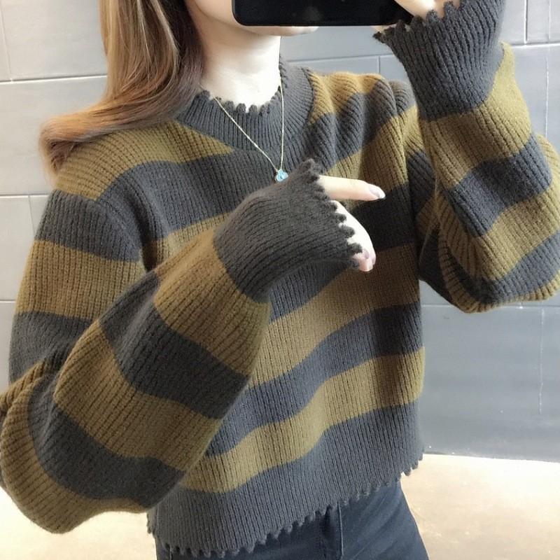 European Station autumn and winter new versatile lazy crew neck knitted sweater retro style long sleeve striped contrasting color pullover sweater