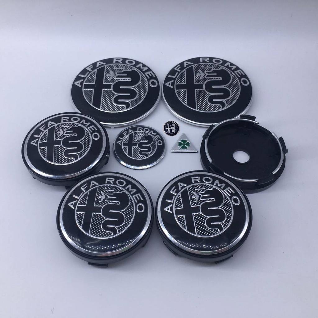 1sets 9pcs For Alfa Romeo new black T60 060 60mm black caps 74mm Steering Wheel Badge Car Hood Front Emblem Giulia Stelvio Mito