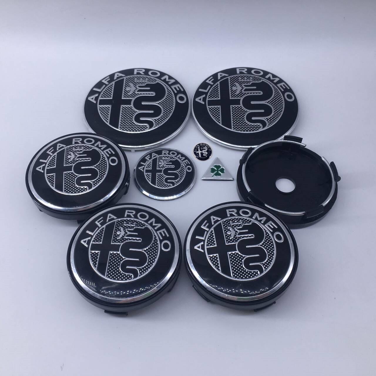 1 Set 9 Stück Für Alfa Romeo neue schwarze T60 060 60mm schwarze Kappen 74mm Lenkrademblem Autohaube Frontemblem Giulia Stelvio Mito IC7 60mm black cap gray