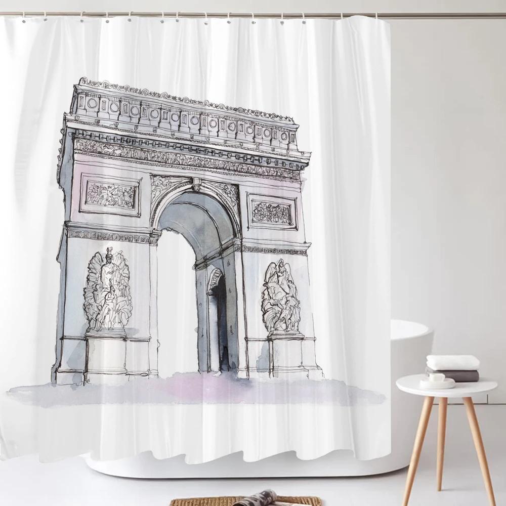 Art Line Drawing Scenery Shower Curtain Waterproof Polyester Bathroom Curtain Room Decor Bathtub Curtain Textured With Hooks