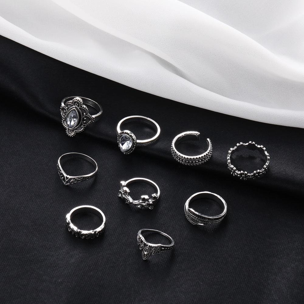 Retro Rhinestone Floral Feather Carved Open Ring Set - 9 Pieces