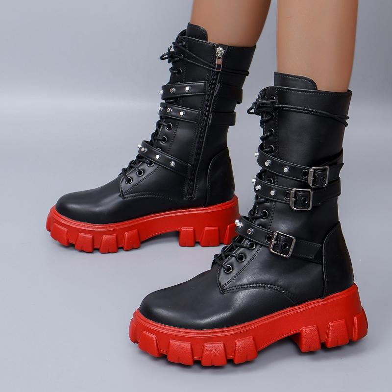 Fashion Luxury Women's Boots Pu Leather Ladies Mid-calf Boots Punk Gothic Biker Boots Side Zip Shoes for Women New Botines Para Mujeres