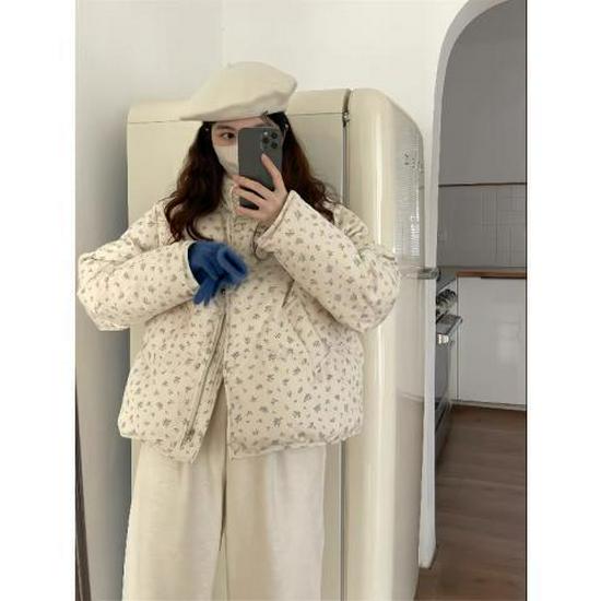 2024 Winter Women's Floral Down Cotton Jacket – Loose Fit, Korean Cute Academy Style