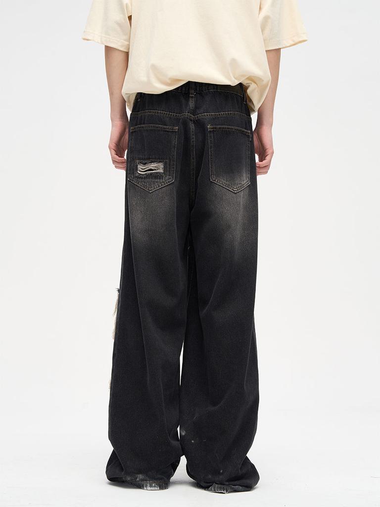 Y2K Męskie podarte dżinsy koreańskie retro dziury naprawa dżinsowe spodnie amerykański styl high street luźne proste szerokie nogawki