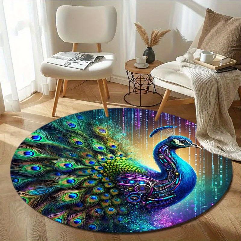 Crystal Velvet Carpet Crystal Velvet Peacock Design Mat - Vibrant Colorful Feathers Circular Mat, Lightweight Hand Wash On