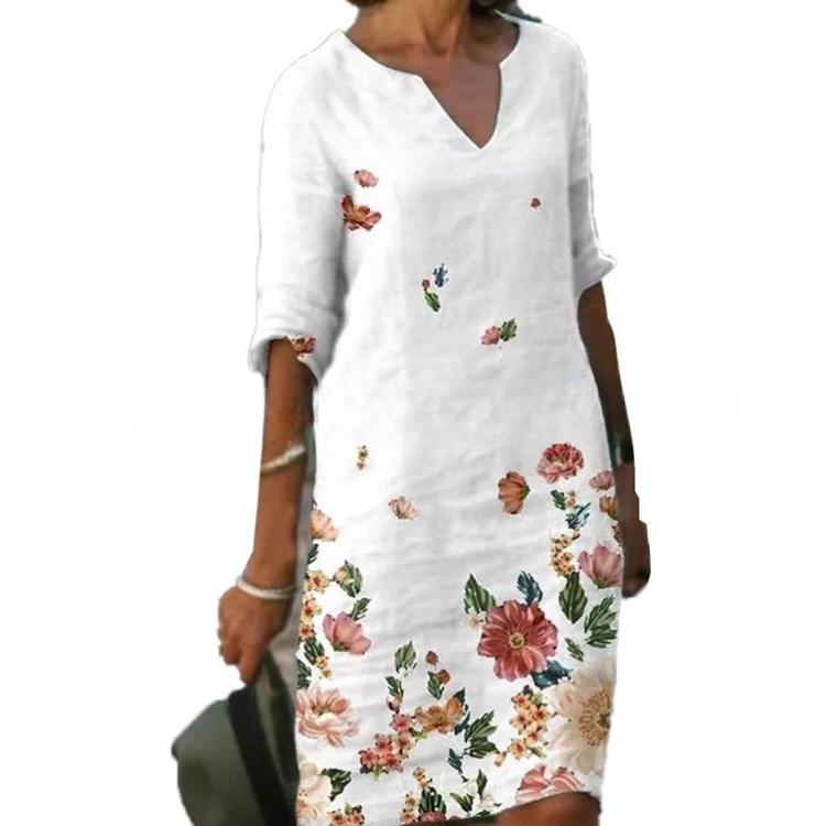 QICED Summer Women's Printed Loose Bamboo Fibre Linen Floral Short Sleeve Vintage Literary V-Neck Five Points Sleeve Dresses