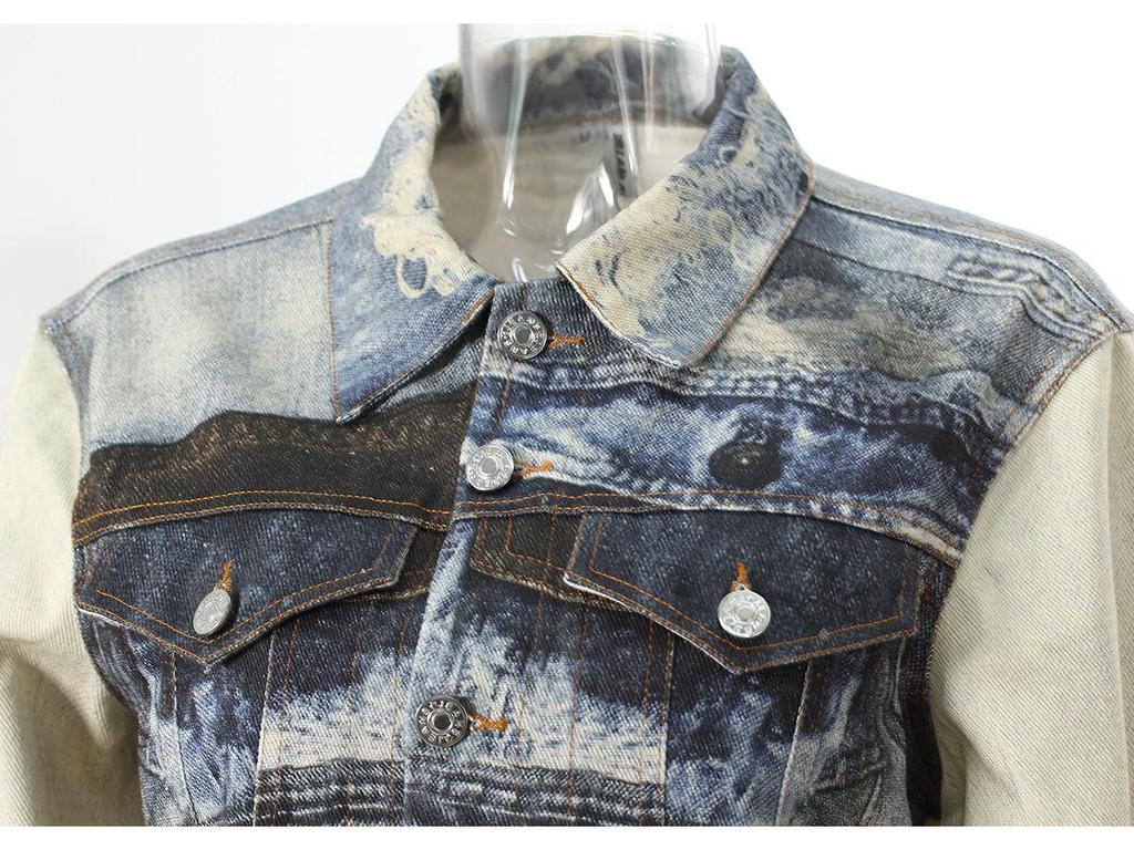 Damen Retro Slim-Fit Rissige Jeansjacke mit Visuellem Print