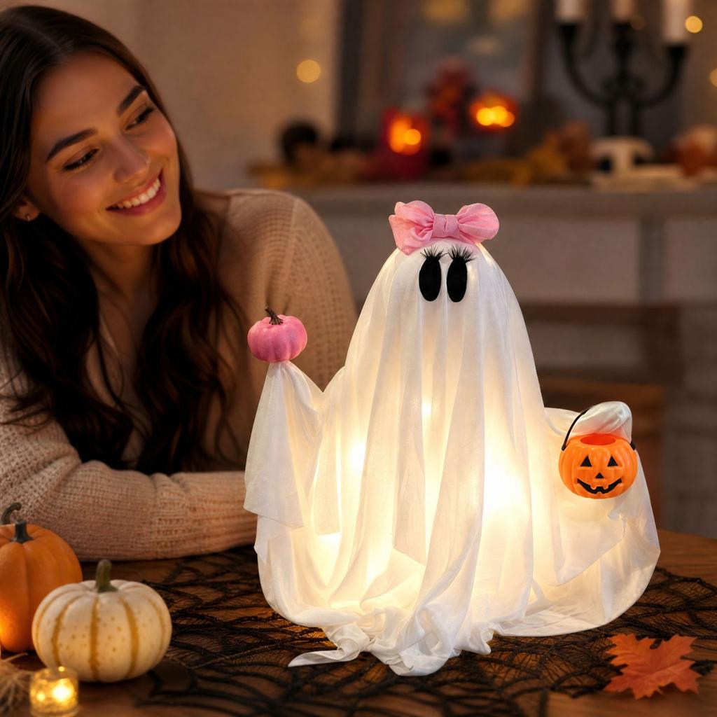 Halloween Pumpkin Figurine with 3-Function Button Battery Box and Warm Light