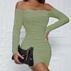 Women's Spring and Autumn One-line Collar Long Sleeve Pleated Temperament Package Hip Skirt Sexy Wrap Dress