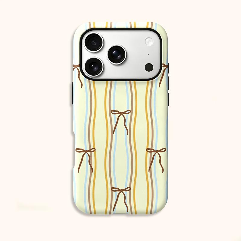 Dainty Pastel Cream Yellow Blue Brown Striped Bow Pattern Art Film Aesthetic Protective Shockproof Bumper Phone Case For iPhone 14 15 16 Pro Max Plus