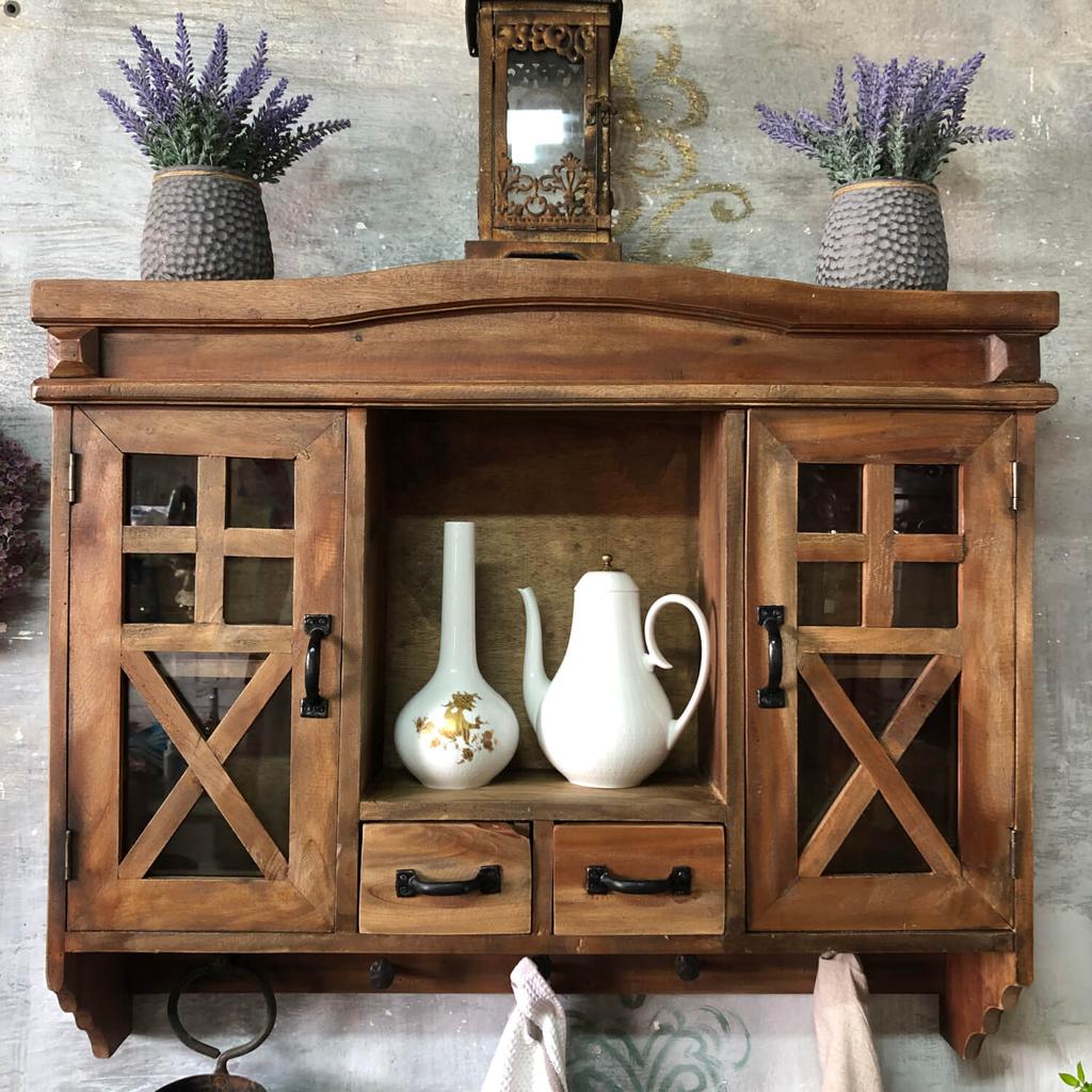Rustic wooden wall cabinet with drawers and hooks