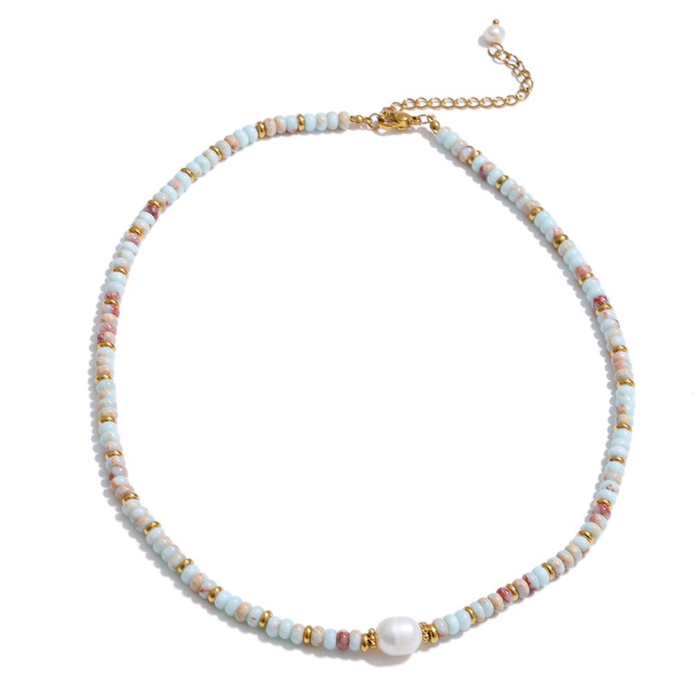 Colorful Natural Stone Beads Handmade Chain Y2K Fashion Necklace for Women Stainless Steel Waterproof Collar Jewelry Gift
