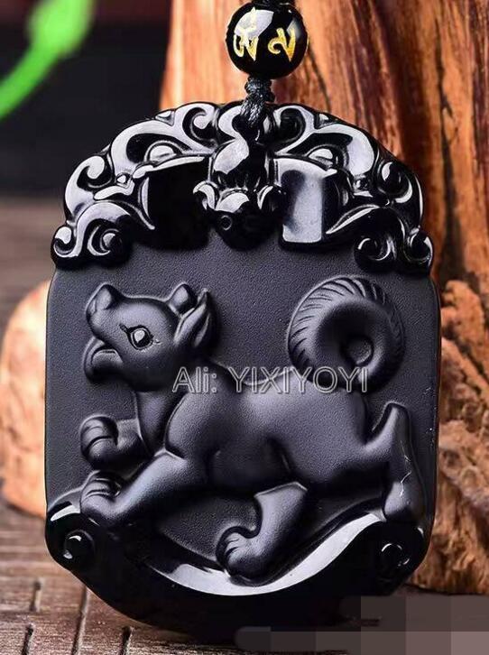 Naturalny Czarny Obsydian Rzeźbiony Chiński Starożytny Dwanaście Zwierząt Zodiaku Szczęśliwy Amulet Wisiorek Koraliki Naszyjnik Modny Prezent Biżuteria