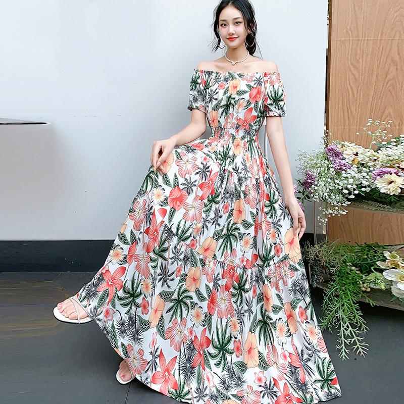 Bohemian Maxi Dress With Elastic Waist For Summer Beach Vacation And Artful Style