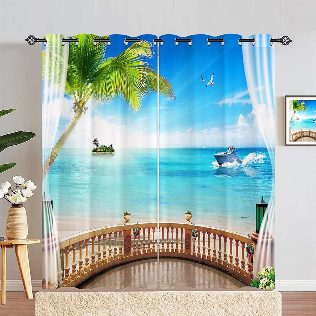 2 Stück Meer Balkon Architektonische Landschaft Halbverdunkelnd Druck Vorhang Für Wohnzimmer Schlafzimmer Badezimmer Heimdekoration Ösenaufhängung