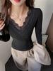 Elegant V-Neck Lace Trim Low-Neck Slimming White Top for Women - Autumn/Winter Innerwear