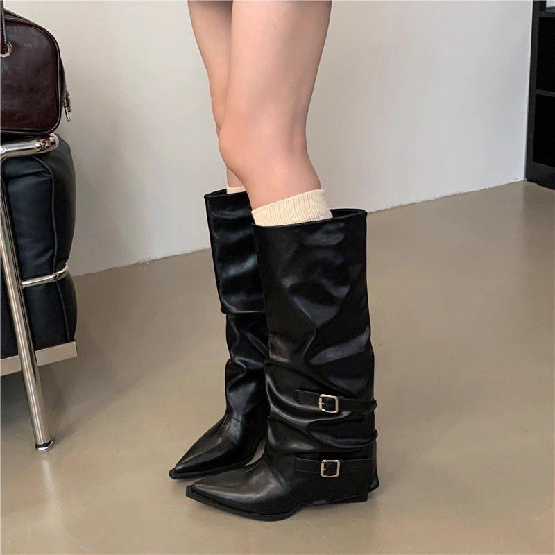 Stiefel High Heel Pile Ritterstiefel Schnallenstiefel Damen Plissiert Wind Gebraten Street Spice Girl Punk Dicke Ferse Spitze 2025