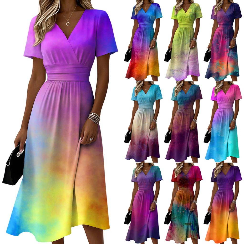 Damen Cross-Dye Lässiges Modekleid mit kurzen Ärmeln und V-Ausschnitt