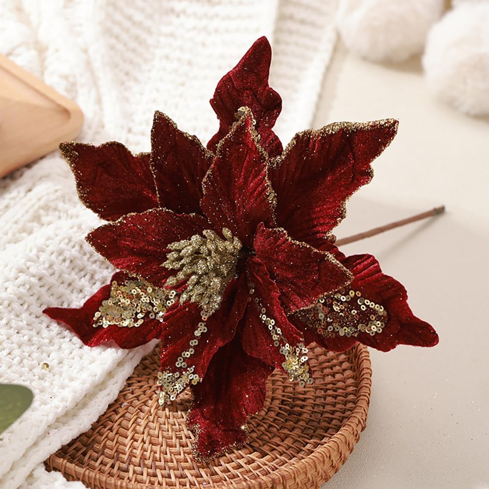 vctops 6 Pcs Christmas Poinsettia Artificial Flowers Shining Glitter Artificial Flower for Xmas Tree Wreath Ornaments New Year Wedding Party Holiday