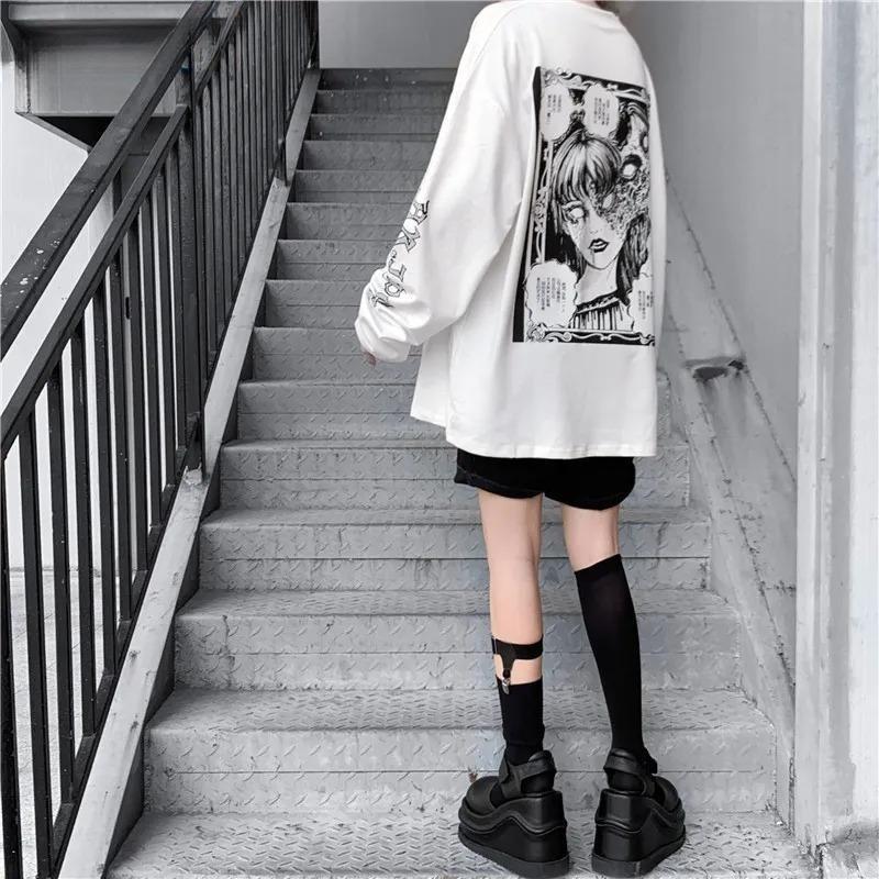 KOSY Harajuku Oversize Long Sleeve T-shirt E Girl Anime Printed