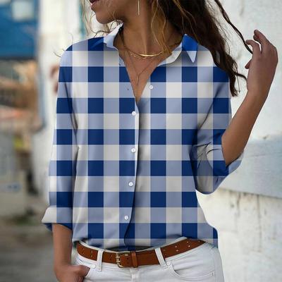 Blusa de Mujer Estampado de Cuadrícula de Color Mixto Primavera Otoño Femme Oficina Dama Abotonada Cuello Vuelto