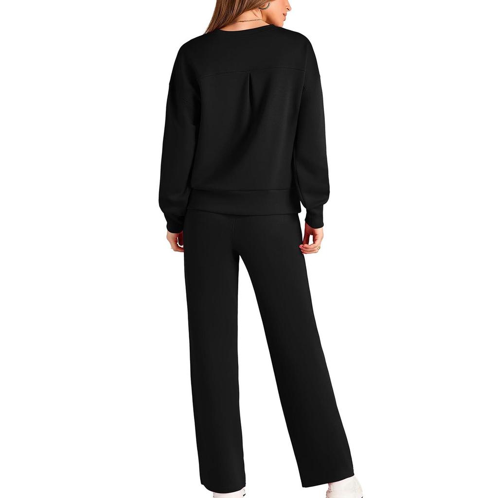 European-Americana Knit Women's Two-Piece: Long-Sleeve Top & Wide-Leg Pocketed Sweatpants