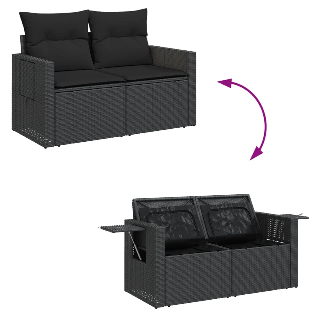 Vidaxl Garden Sofa With Cushions, 2-Seater, Black, Poly Rattan