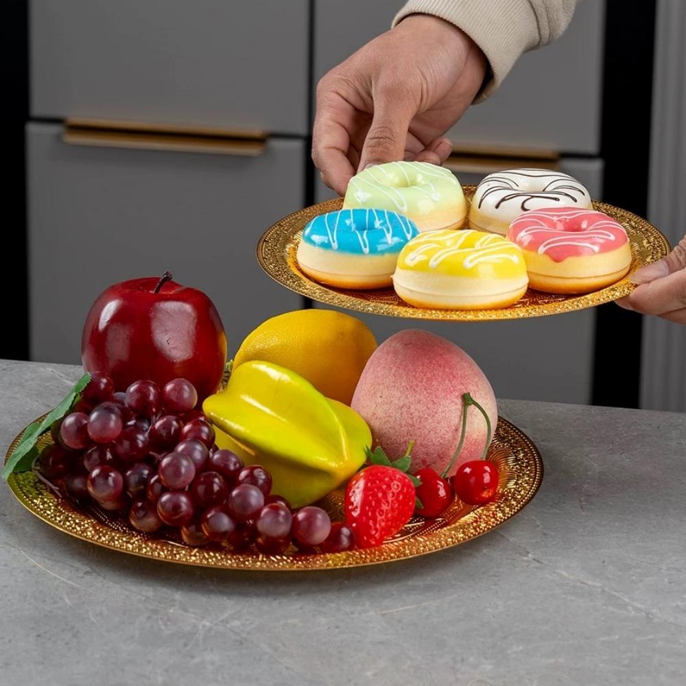 Circle-Carved Design Metal Cake Tray With Exquisite Plate Engraving Flower Golden Food Fruit Tray For Party Wedding Decoration